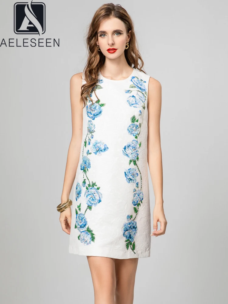 

AELESEEN Fashion Designer Summer Dress Women Sleeveless High Quality Jacquard Flower Print Beading Sequined Mini Casual Holiday