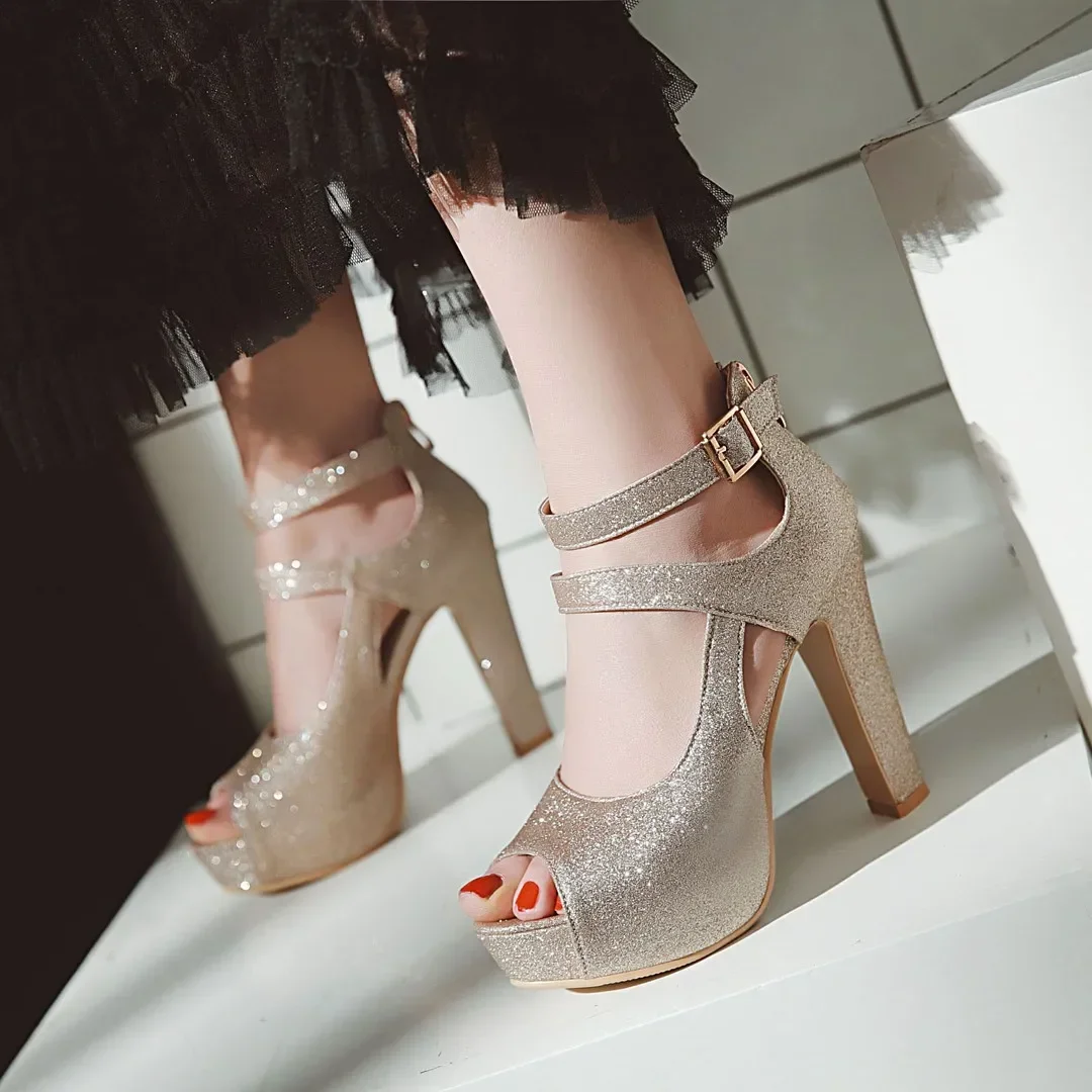 Silver Gold Women Platform Sandals High Chunky Heels Glitter Wedding Party Ladies Sexy Zipper Ankle Strap Summer Gladiator Shoes