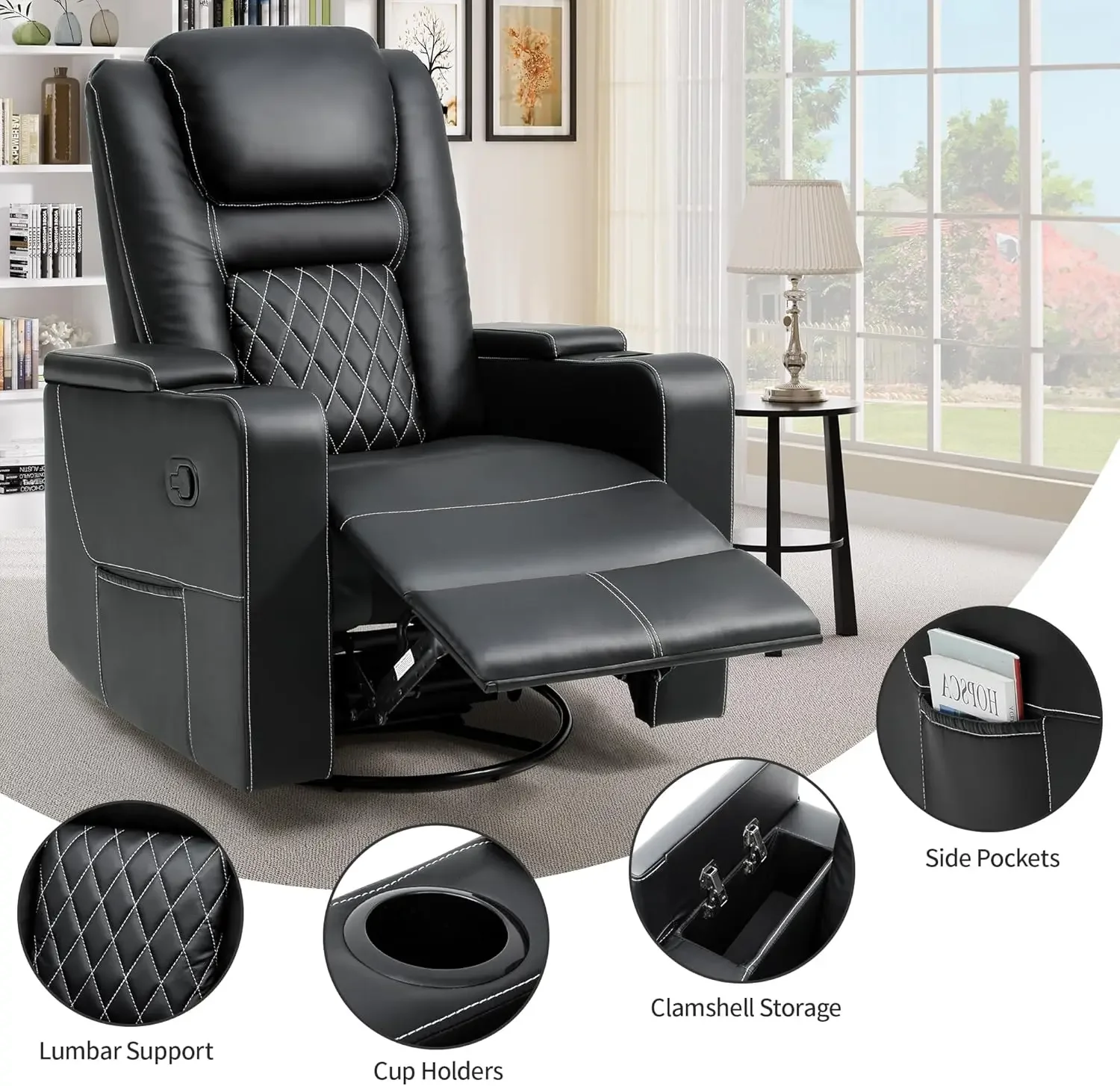 Rocking Recliner with Massage and Heat, Hidden Arm Storage, Faux Leather Rocker Recliner Chairs with Cup Holders, Comfy Home The