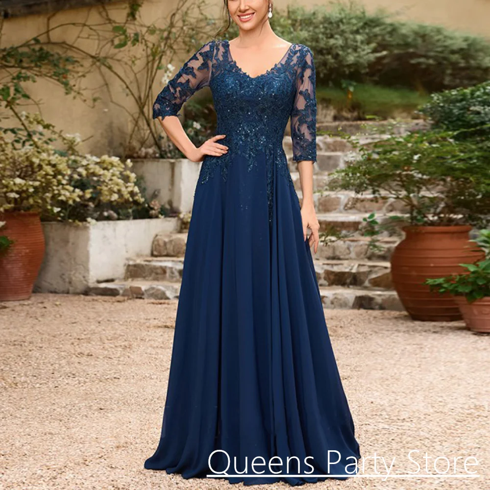 

Woman Navy Mother of The Bride Dress Customized V Neck Sequined Applique Chiffon A Line Godmother Wedding Guest Party Gown