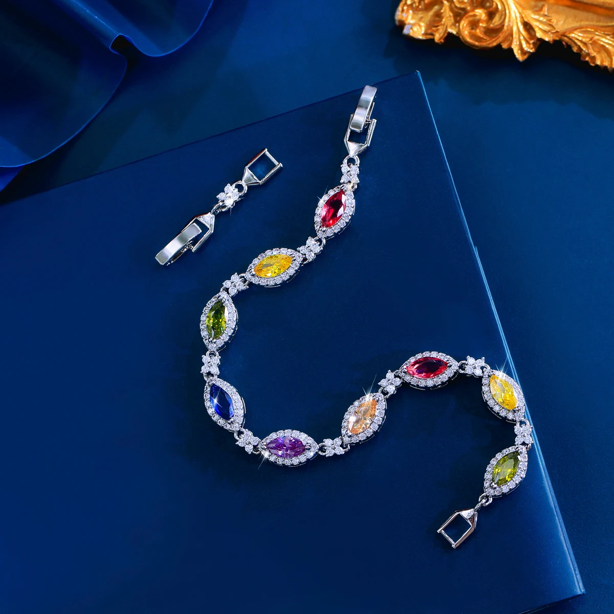 BeaQueen Brand Women Silver Color Jewelry Perfect Colorful Oval Cut Cubic Zirconia Stone Charming Tennis Bracelets Bangles S0309