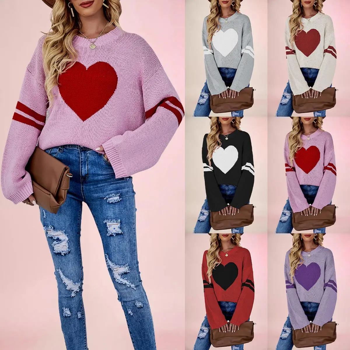 

Winter 2025 Loose Heart Patterned Overhead Sweater for Women Vntine's Day New Arrival Cross-Border Long Sve Thiened K...