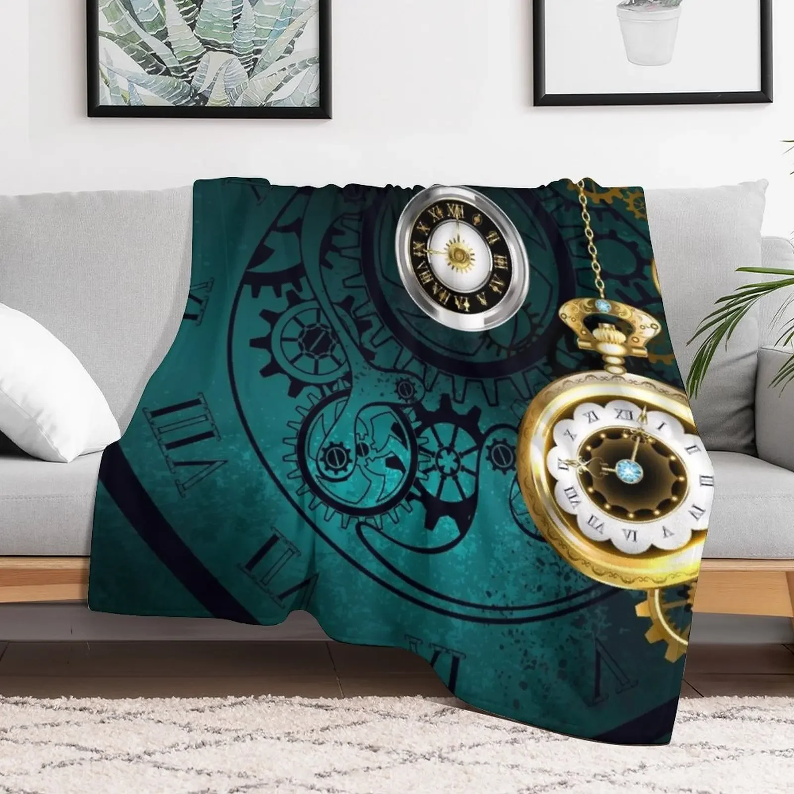 Clock with Gears on Green Background ( Steampunk ) Throw Blanket Ultra Soft Flannel Fleece Blanket for All Seasons