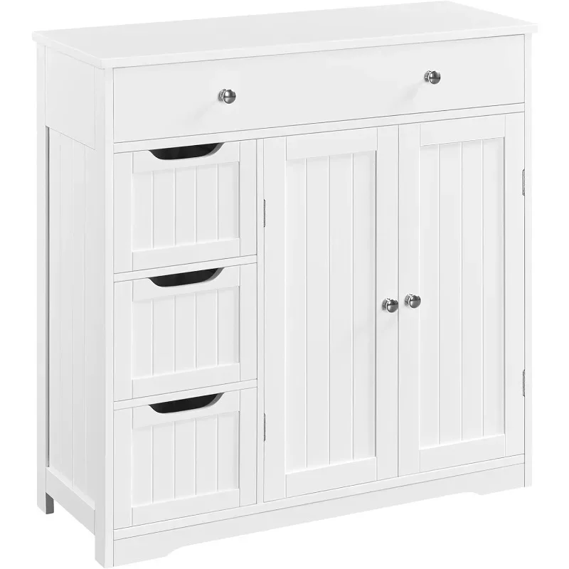 Bathroom Floor Cabinet, Large Storage Space Wooden Organizer with 1 Big Drawer, 3 Small Drawers & 2 Doors,Free-Standing Cupboard