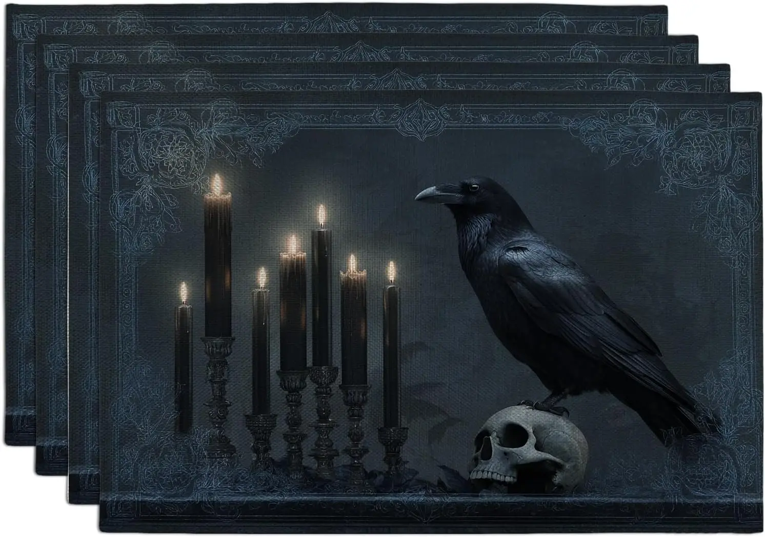Gothic Black Raven Placemats, Dark Halloween Table Mats for Dining Room, Non-Slip Washable Indoor Outdoor Placemats Set of 4