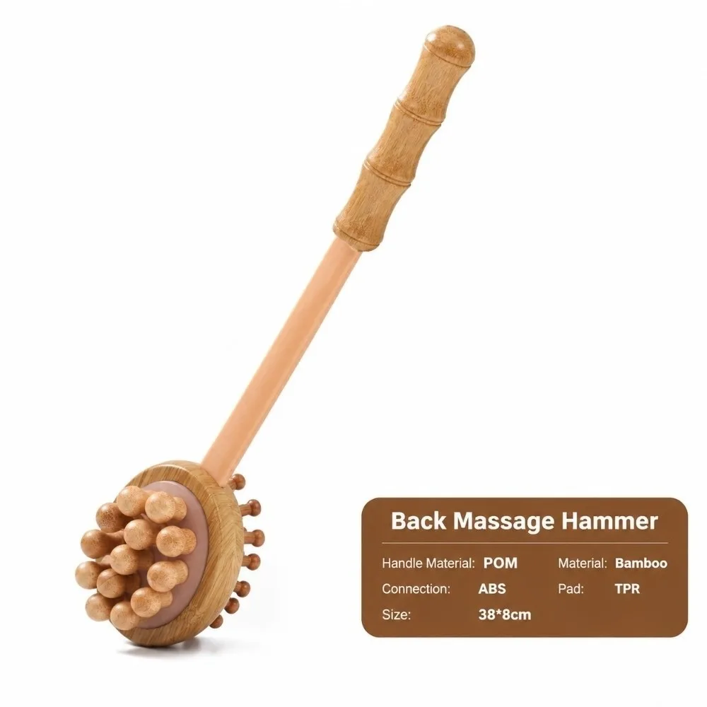 Double Sided Head Hand Massage Hammer Long Grip Wooden Handle Body Tapping Stick Bead Nodule Light Weight Back Beater Massager