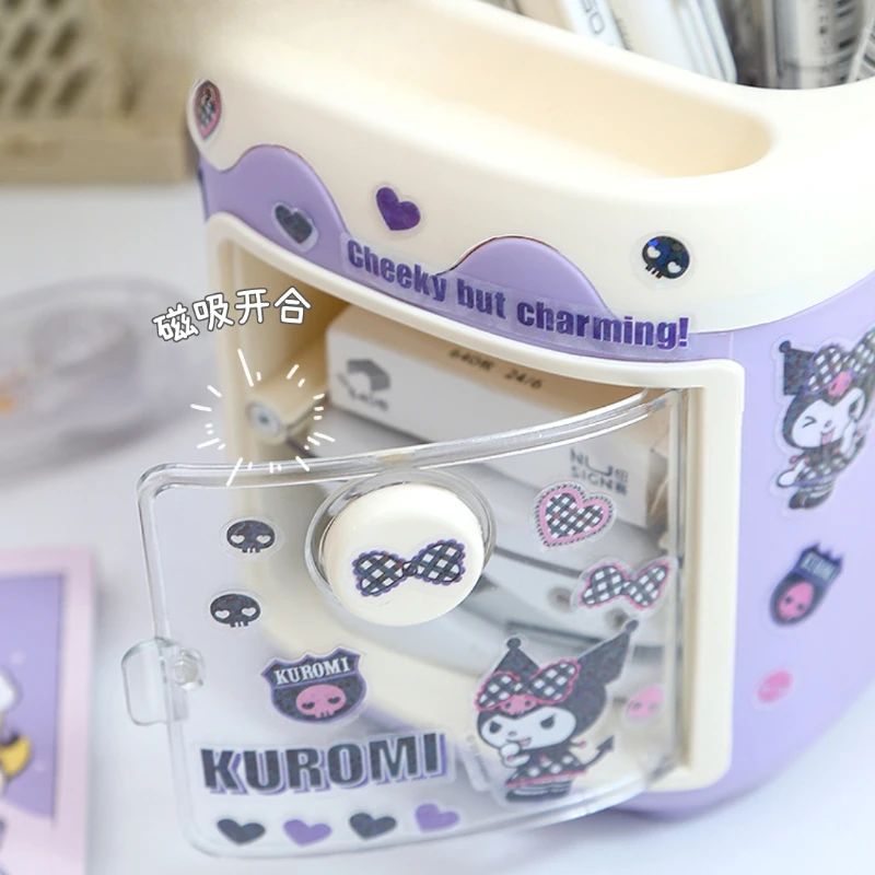 Imagem -02 - Kawaii Sanrio Kuromi Organizador de Secretária Caixa de Armazenamento de Caneta Porta-pincel de Maquiagem Cartoon Desktop Minha Melodia Cinnamoroll Adesivo Diy