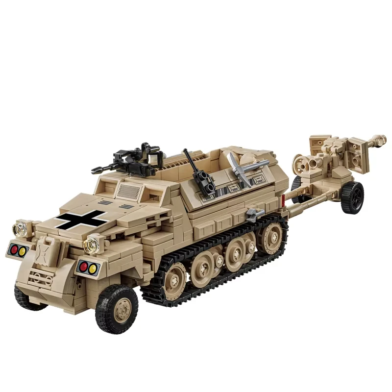 World War 2 Army Military Soldiers German Half Tracked Armor Vehicle Trailer Assemble Building Blocks WW2 Bricks Kids Toys Gift