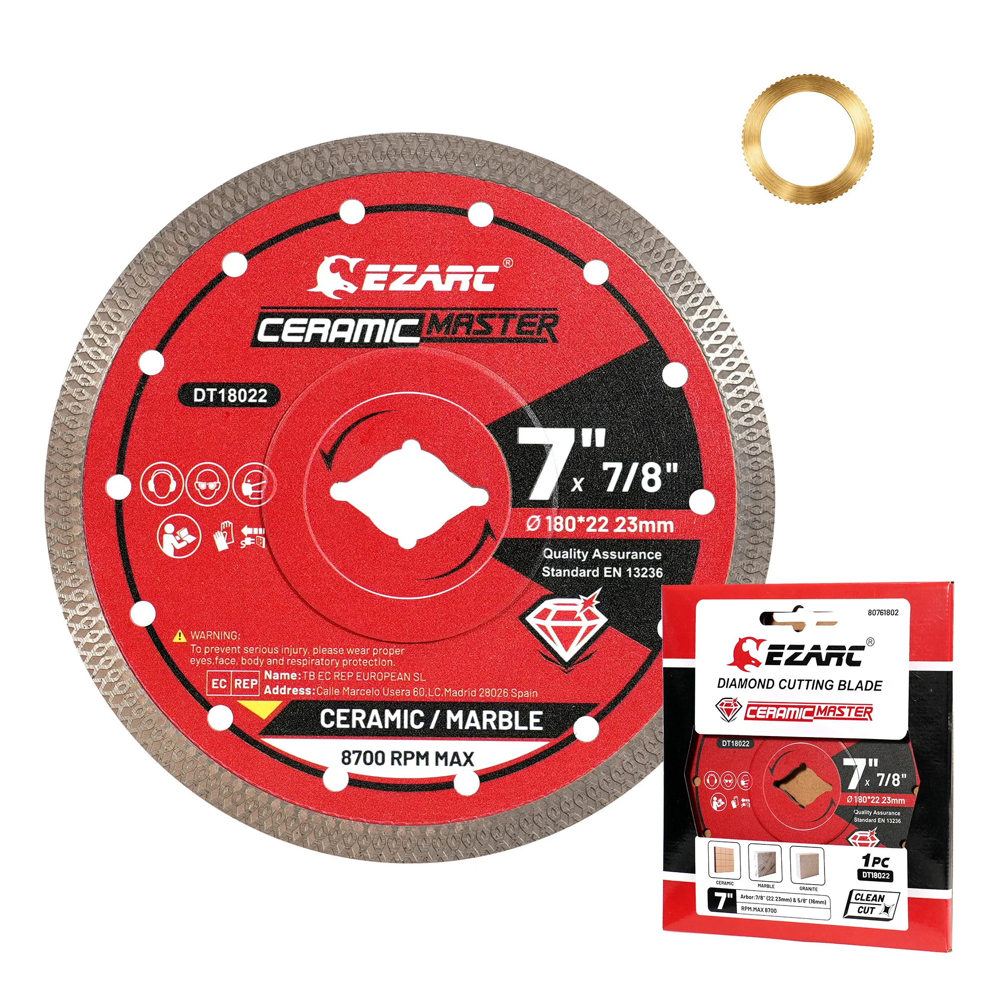 

EZARC 7''(180mm) Diamond Tile Cutting Disc, 1PC Super Thin Saw Blade for Porcelain Ceramic Granite Marble Tile, 7/8"-5/8" Arbor