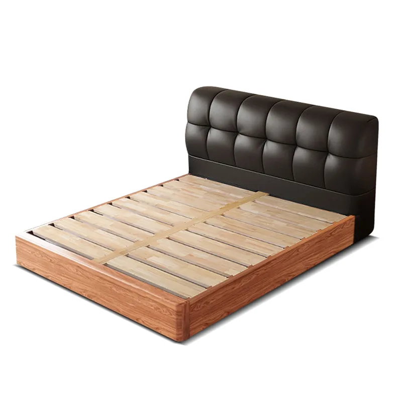 

Medieval leather soft bag master bedroom big bed, Italian minimalist retro style solid wood bed