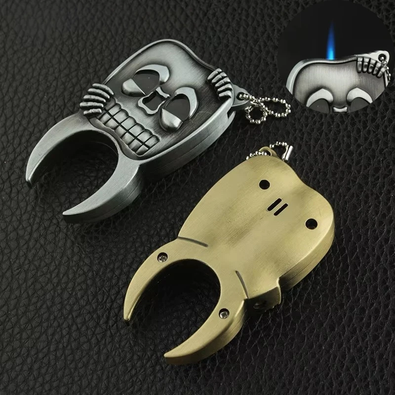 Creative and Unique Skeleton Head Metal Inflatable Windproof Butane Gas Lighter Inflatable Cigarette Cigar Smoking Lighter