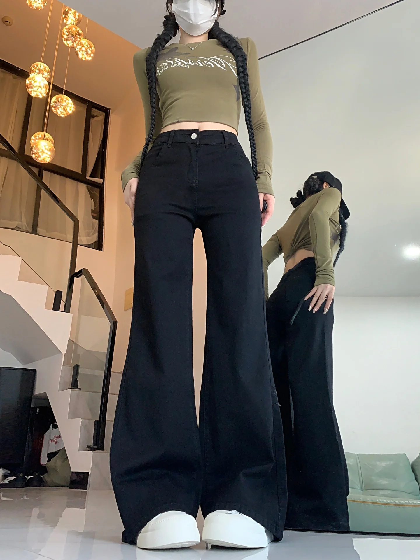 Fce Lined Thiened High Waist Bell Bot Jeans Women's Autumn Winter New plus Size Loose Slimming Long Pants