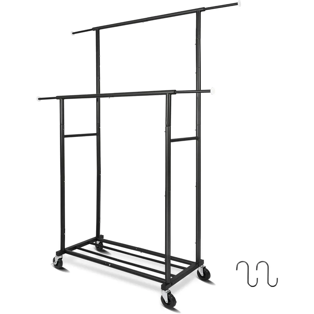 

Portable Black Double Rods Garment Rack with Rolling Clothes Organizer on Lockable Wheels Mobile