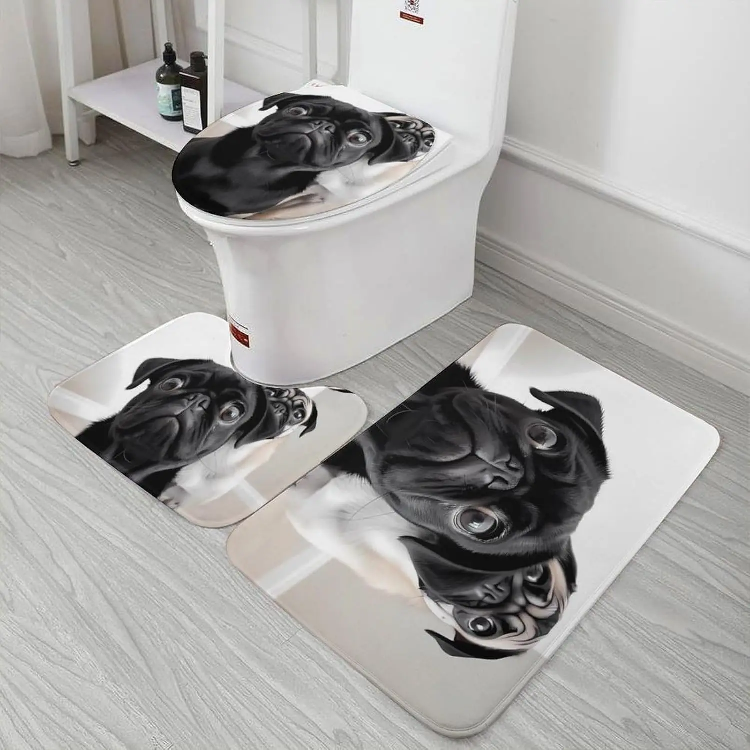 3 Piece Bath Rug Set Non Slip Absorbent Bath Mat Contour Mat with Toilet Lid Cover Cute Black Pug Dog Soft Floor Mats for