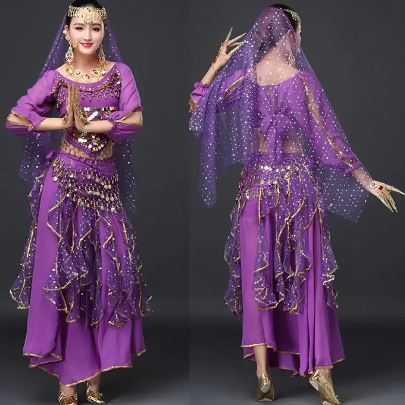 Bollywood Sequin Costumes Adult Indian Belly Dance Women Short Sleeve Chiffon Set