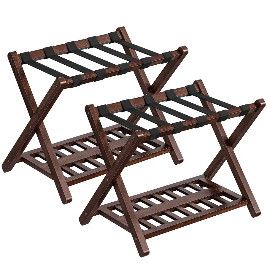 Luggage Racks, Set of 2 Bamboo Suitcase Stands, Folding Luggage Holders, Nylon Strap Support Top, for Guest Room, Hotel, Bedroom