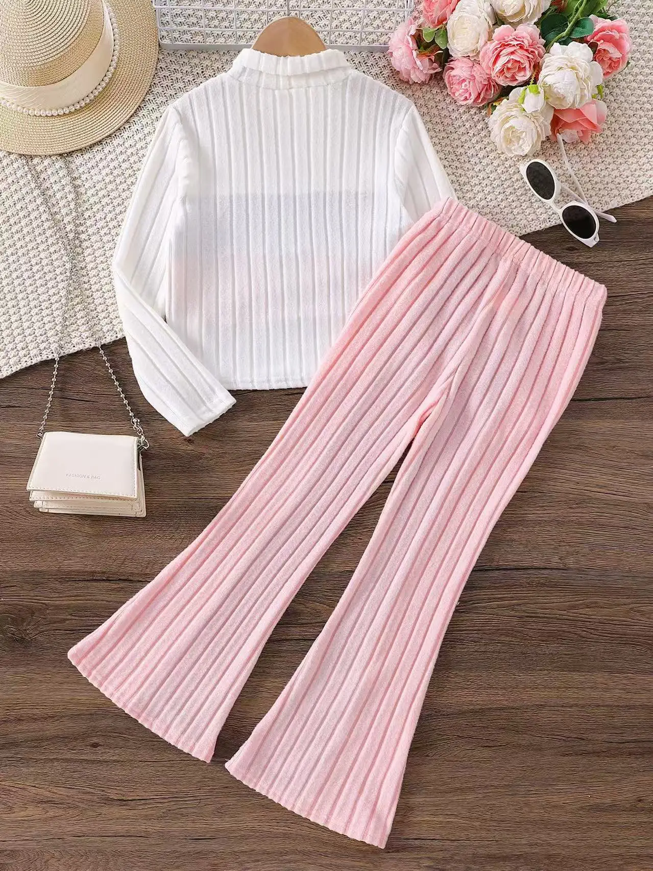 Children's Two-Piece Set Casual Knit Patchwork Contrast-Colour Half-Turtleneck Trousers r Spring and Autumn New Arrival
