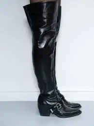 Black leather metal buckled western thigh high boots chunky heels women's causal dress luxury long boot designer zipper shoes