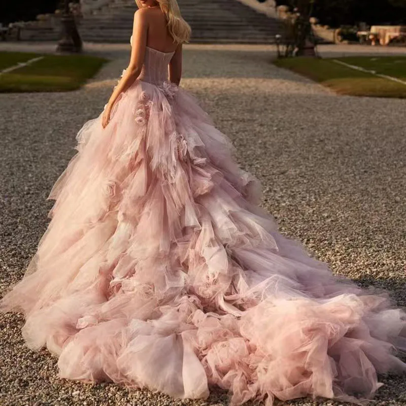 Gorgeous Pink Evening Dresses Exquisite Organza Sleeveles Chapel Train Strapless Princess Gowns Formal Occasion Long Dress