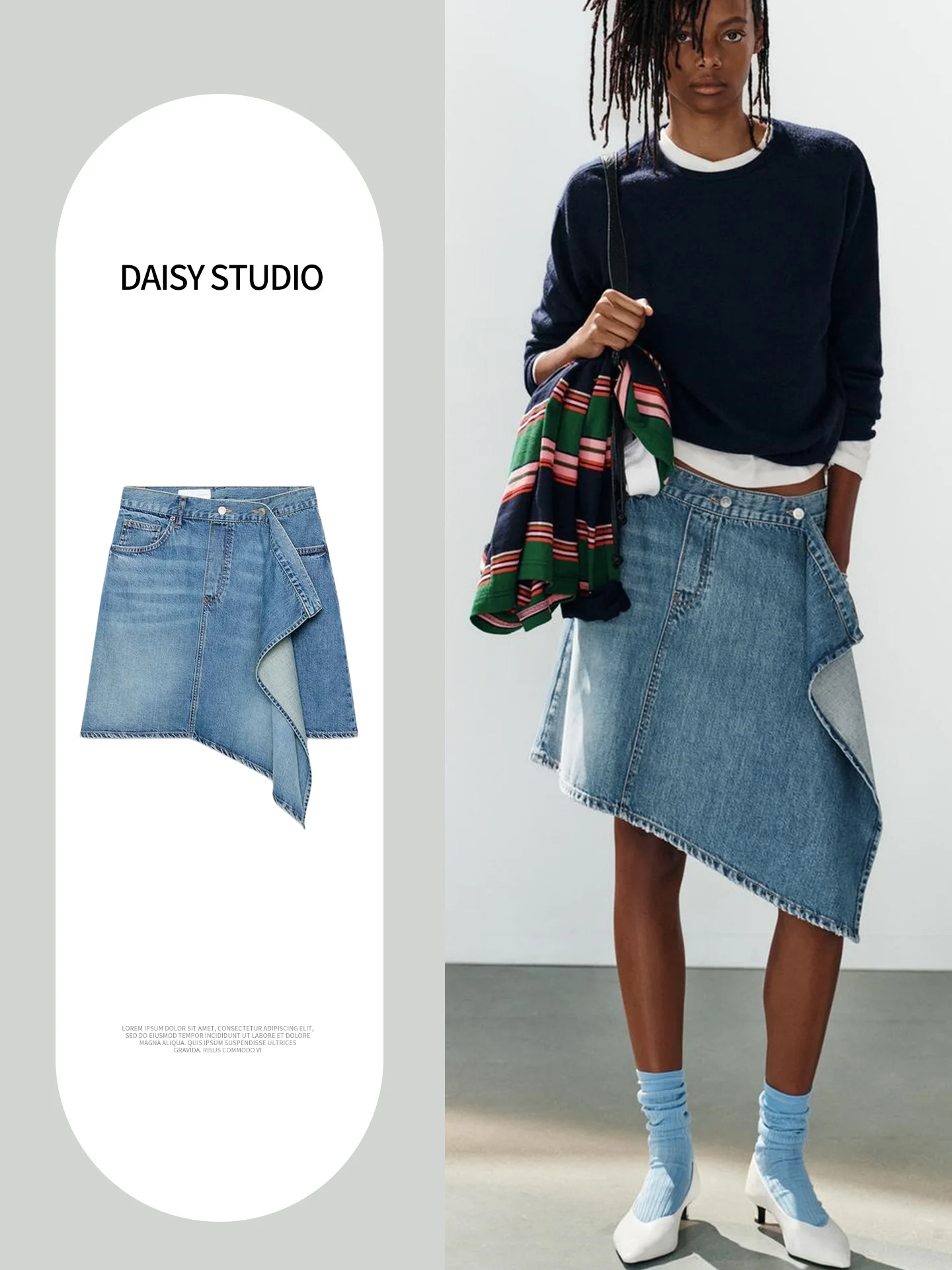 Fall New Women's Simple Mid-Waist Asymmetrical Hem Double Breasted Denim  Skirt Standard Fit Polyester Fiber Washed
