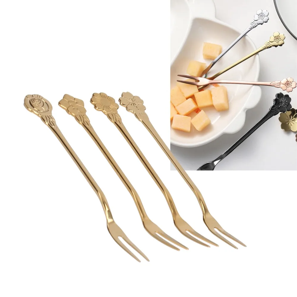 4Pcs Rustless Steel Fruit Forks Practical Flower Shaped Handle Salad Forks Mini Size Mirror Polished Tasting Forks