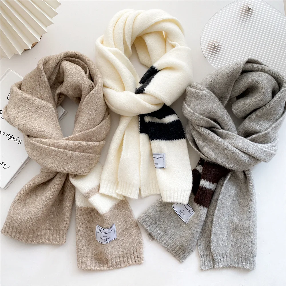 Women Autumn Winter Striped Long Knitted Shawl Scarf All-match Double-sided Thickening Warm Soft Girl Simple Student Neckerchief