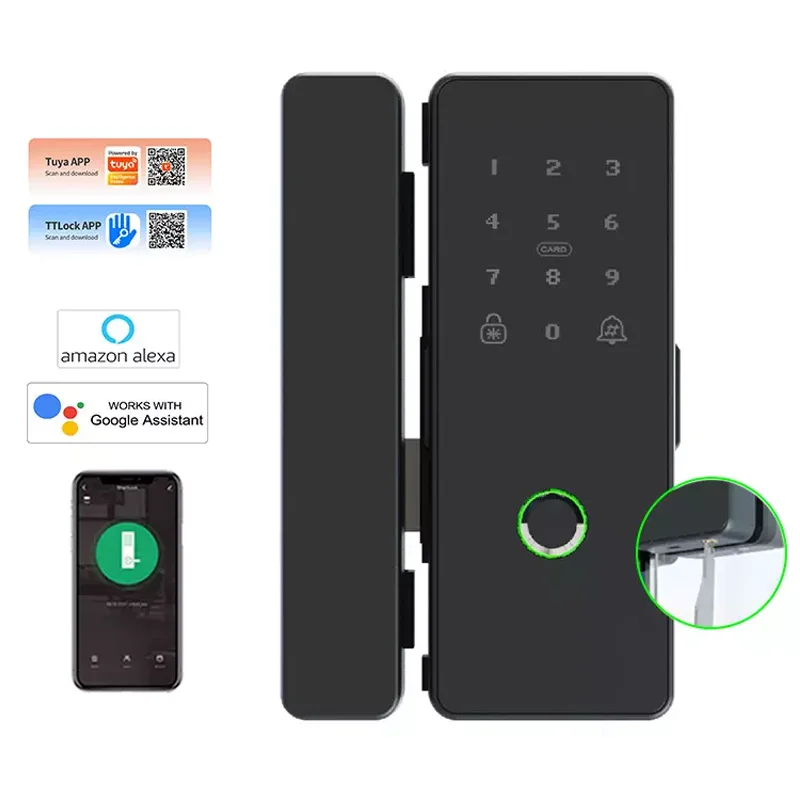 

TTLock APP Smart Fingerprint Card Password Key Door Lock For Home Office Frameless Frame Glass Push Sliding Door Lock