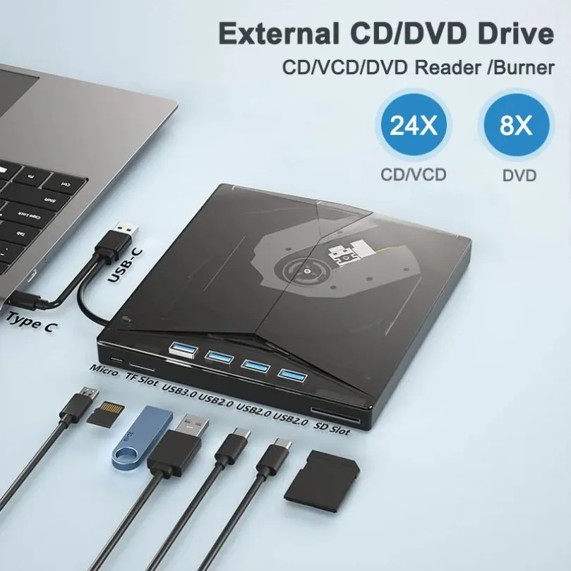 

7-in-1 External CD/DVD Drive USB3.0 Type-C Portable CD DVD RW Player Reader Burner for Laptop PC Windows with SD TF Card Slots
