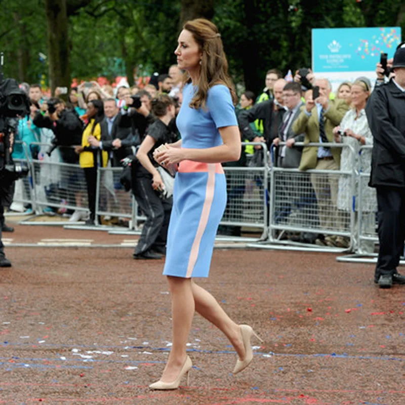 New Summer Women Blue Midi Dress Kate Middleton Princess Patchwork Dresses Short Sleeve O-Neck Work Lady Dresses Size XXXXL view 5