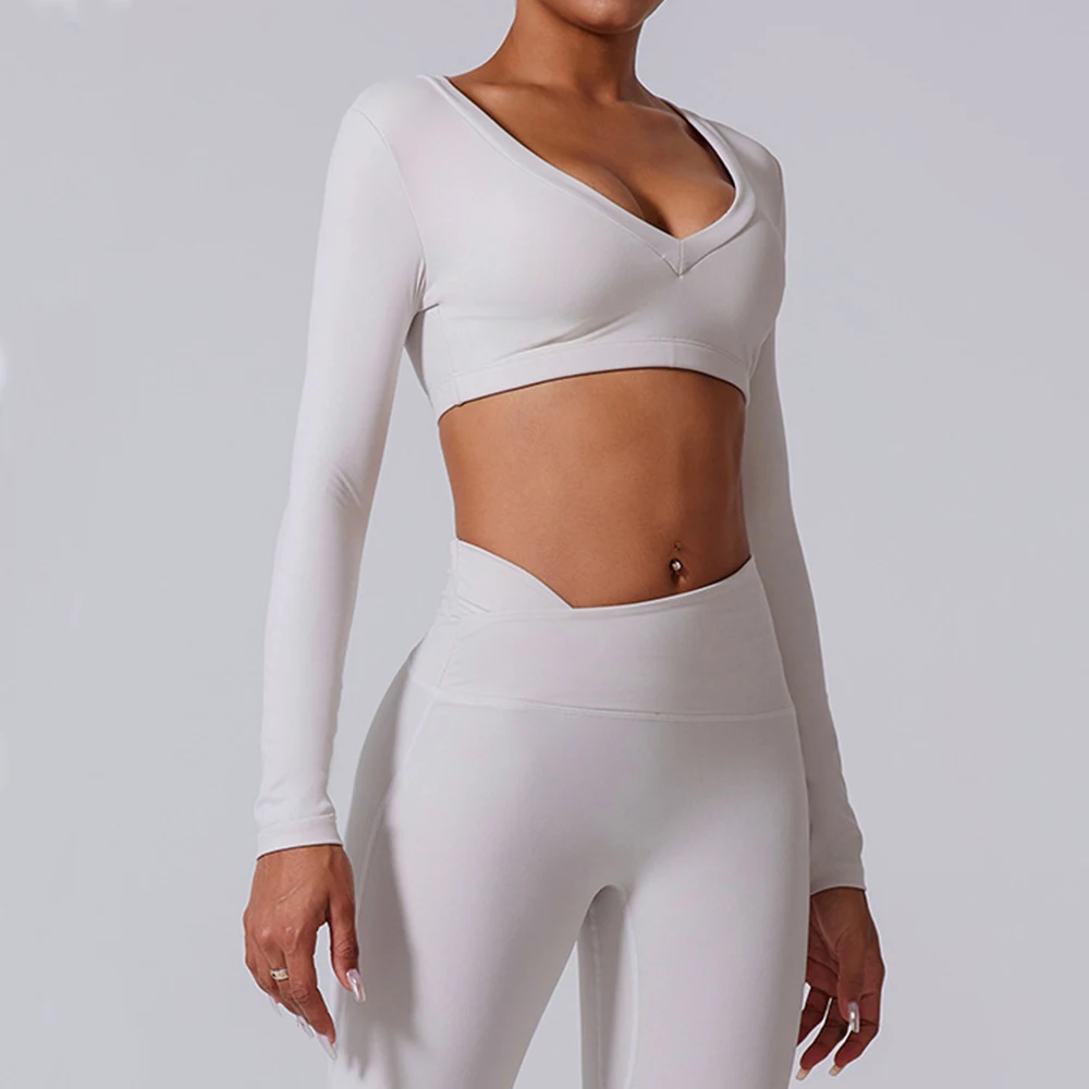 

Yoga Shirts Women Deep V Long Sleeve Gym Top Women Back Hollow Sexy Waist Exposed Sports Long Sleeve Casual Quick Dry Sportswear