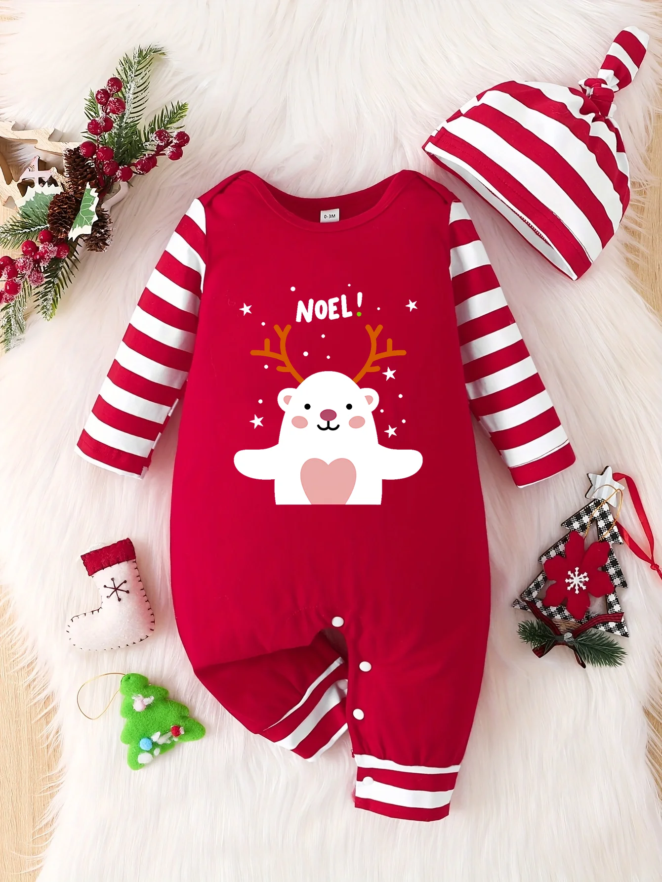 New baby and toddler cute Christmas print striped long sleeved open cut jumpsuit for both men and women