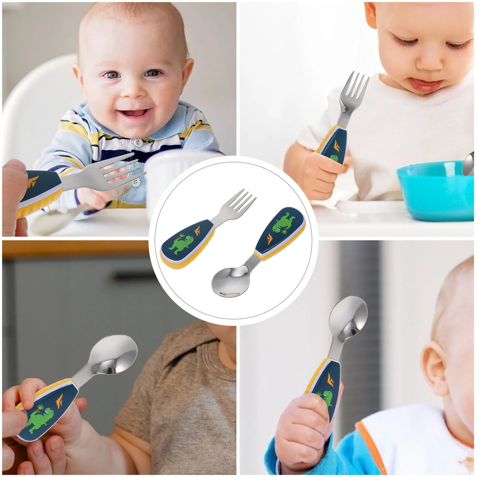 

1Set Baby Dinning Utensils Stainless Steel Spoon Fork Set Cartoon Design Short Handle Lightweight Portable Training Tableware