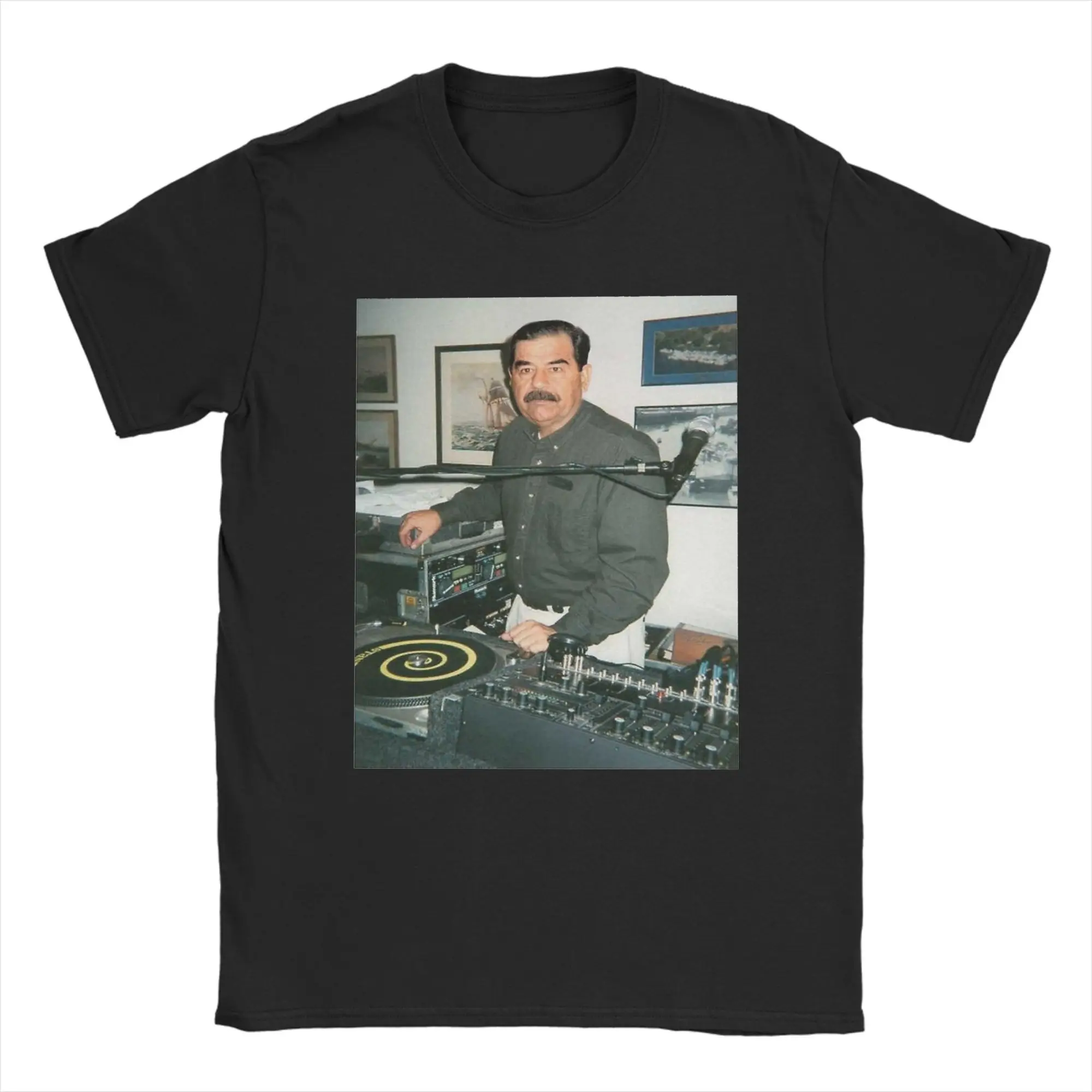 Dj Saddam Hussein T Shirt for Men Cotton Fun T-Shirts Round Collar Technics 1200 Iraq House Edm Tee Shirt Short Sleeve Summer