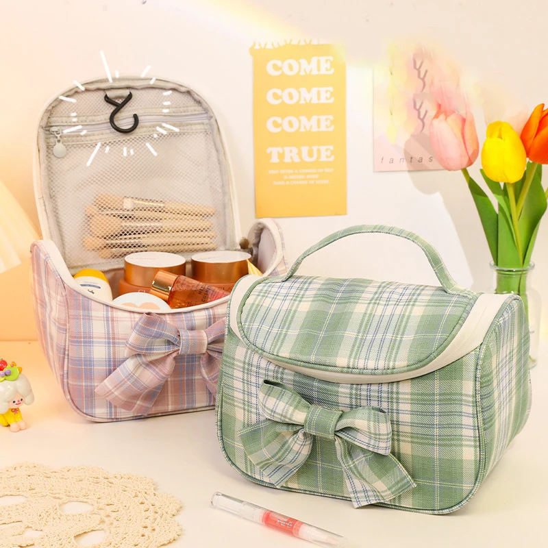 Bow Plaid Women Makeup Bag High Capacity Toiletries Organizer Storage Cosmetic Cases Zipper Wash Beauty Pouch Travel