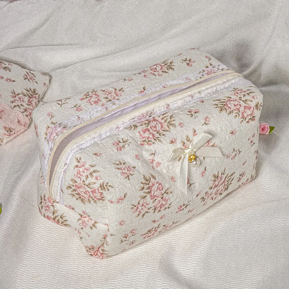 Elegant White Lace Makeup Bag, Quilted Bridal Cosmetic Pouch with Floral Embroidery Bow, Women's Travel Toiletry Gift Cosmetic view 6
