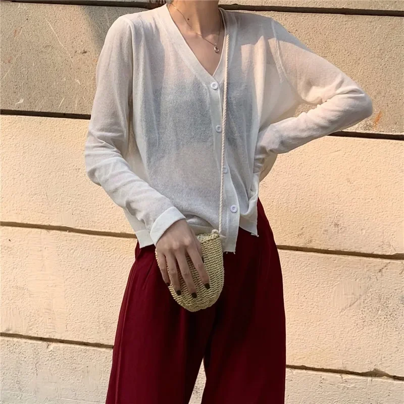 Cardigans Women Shirt Long Sleeve Cardigan Summer Women Tops V Neck Thin Knitted Sunscreen Shirt Sweater Blusas Mujer Blusa E600