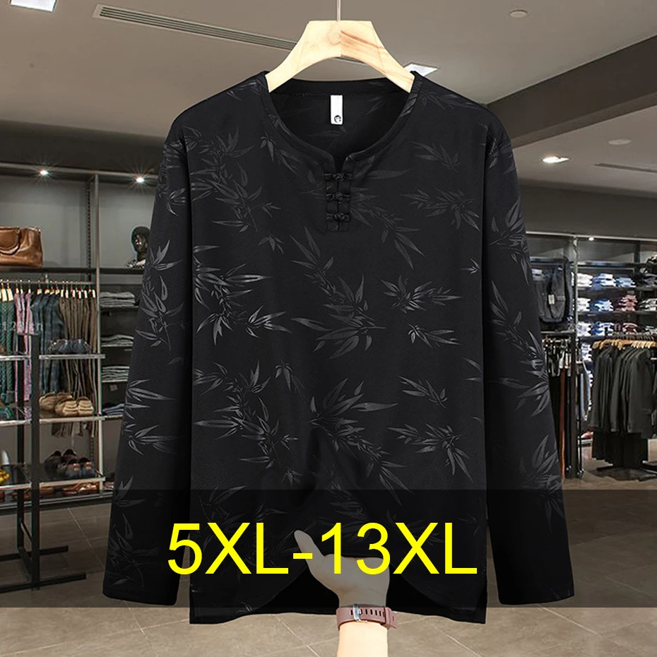 12XL 13XL Plus Size Long Sleeve T-shirt Men Spring Summer Long Sleeve Tshirt Bamboo Leaf Printing Shirt Tops Big Size