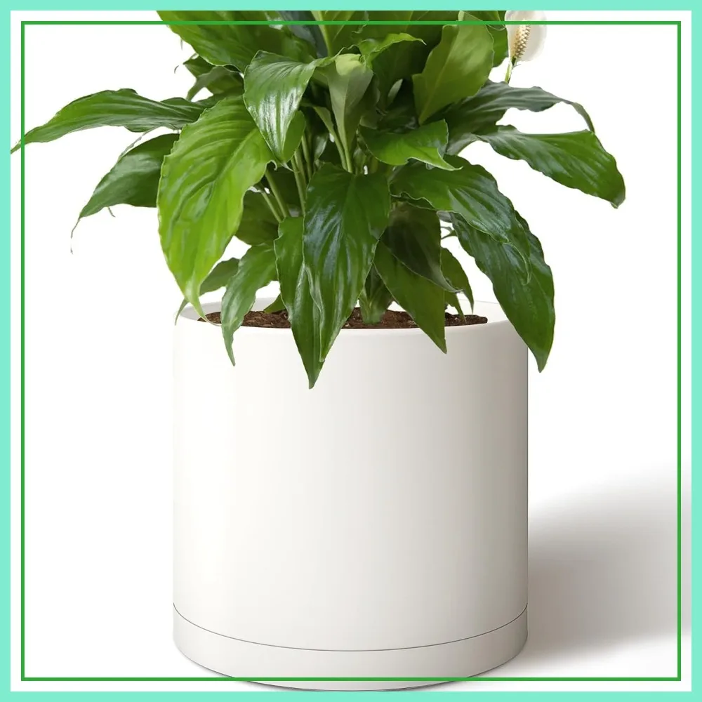 

14-Inch Round Cylinder Plant Pot, Modern Indoor/Outdoor Planter with Drainage Hole, Saucer & Water Reservoir, White