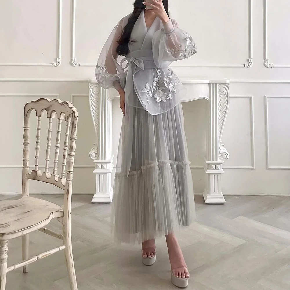 

Вечерние платья трапециевидной формы по индивидуальному заказу, длиной до пола, с v-образным вырезом и длинными рукавами, платье для выпускного вечера, модные цветы, простые драпированные пояса, вечернее платье