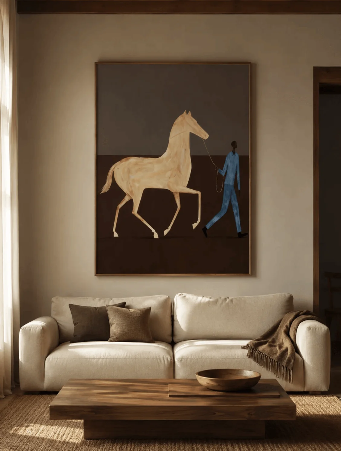 Abstract Man Leading Horse Wall Art Canvas Prints, Figurative Posters, Earth Tone Decor for Living Room Bedroom Study Decor