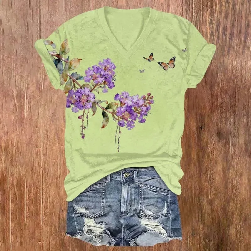 Vintage Crape Myrtle Flower Art Print V-neck T-shirt Summer Women's T Shirts