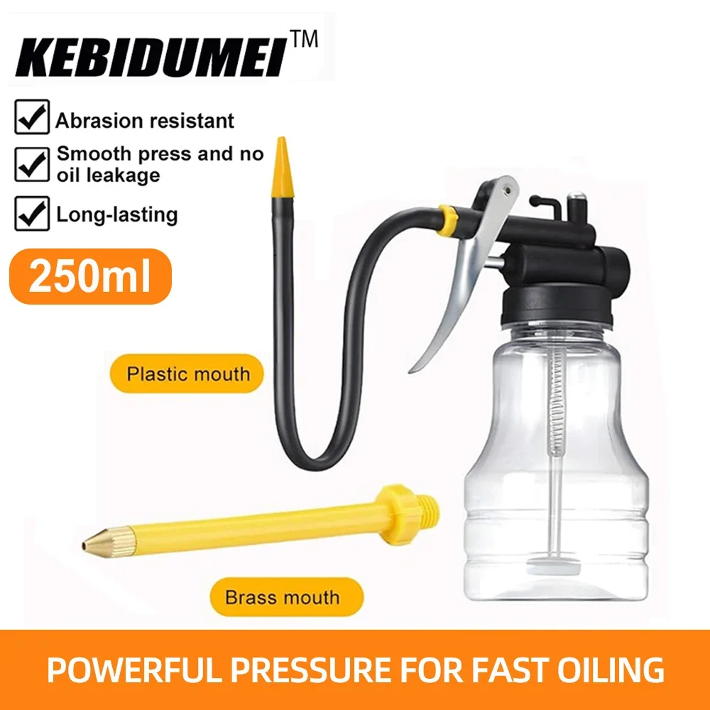 250ML Transparent Oil Can Pump Oiler Bottle with Straight Flexible Spout High Pressure Manual Oiler for Oiling Lubrication