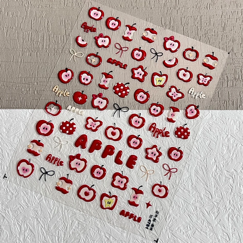 1 folhas 5d alívio maçã vermelha etiqueta do prego 8*10cm bonito fatia de maçã/núcleo de maçã design decalques de unhas bonito bowknot natal decoração do prego