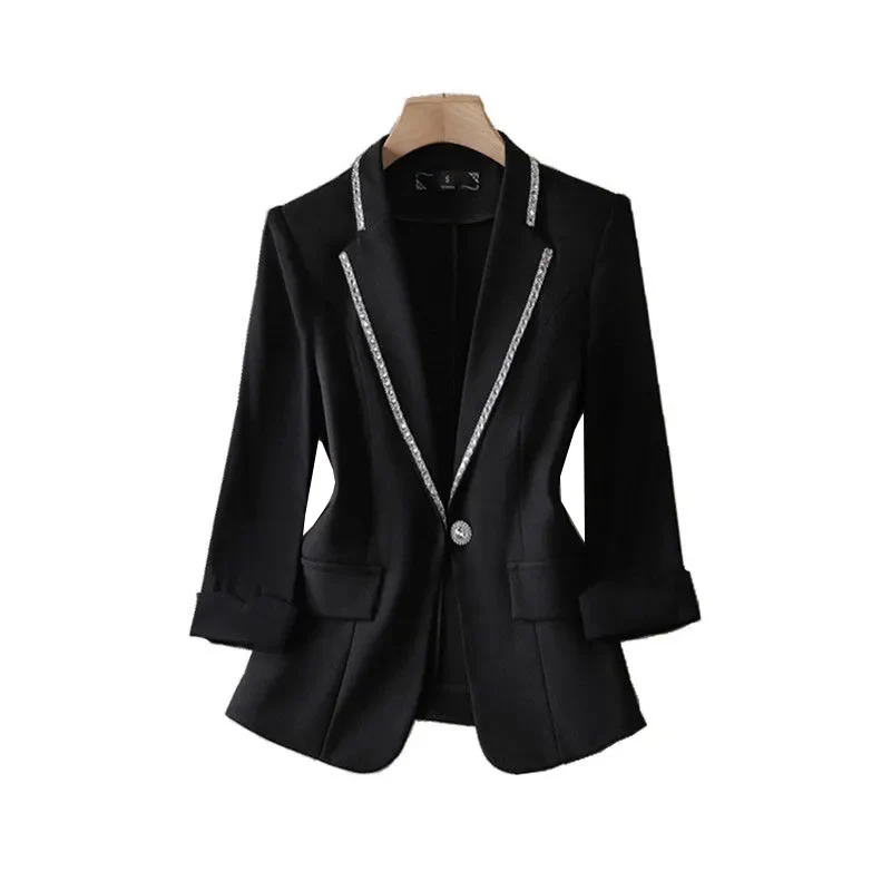 

Spring/Summer Ladies Blazer New Fashion Thin Diamond Three-quarter Sleeve Black White Suit Coat Female Outerwear Women Clothing