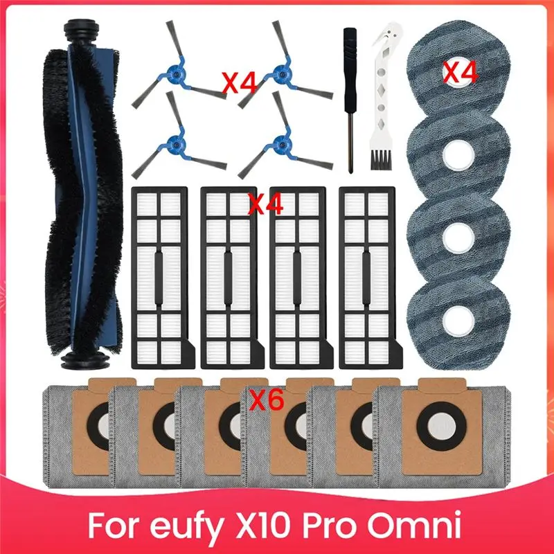 

Запасные части BHTS для пылесоса Eufy X10 Pro Omni: основная и боковые щетки, фильтр, мешок для сбора пыли, салфетки для влажной уборки, аксессуары для пылесоса.
