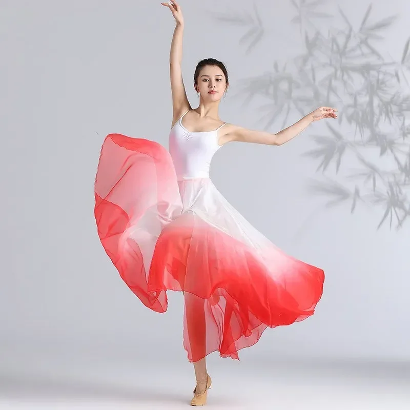 Chinese Ethnic Classical Modern Dance Training Skirt Gradient Elegant Performance Swing Skirt Wrap Design Flowy Dress White Blue