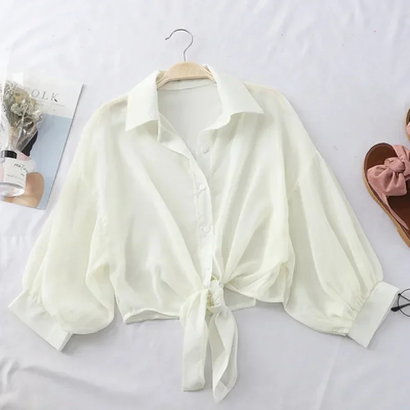 Spring Summer New Half Sleeve Button Up Shirt Chiffon Shirts Women Loose Casual Blouse Tied Waist Elegant Blouses for Women 9776