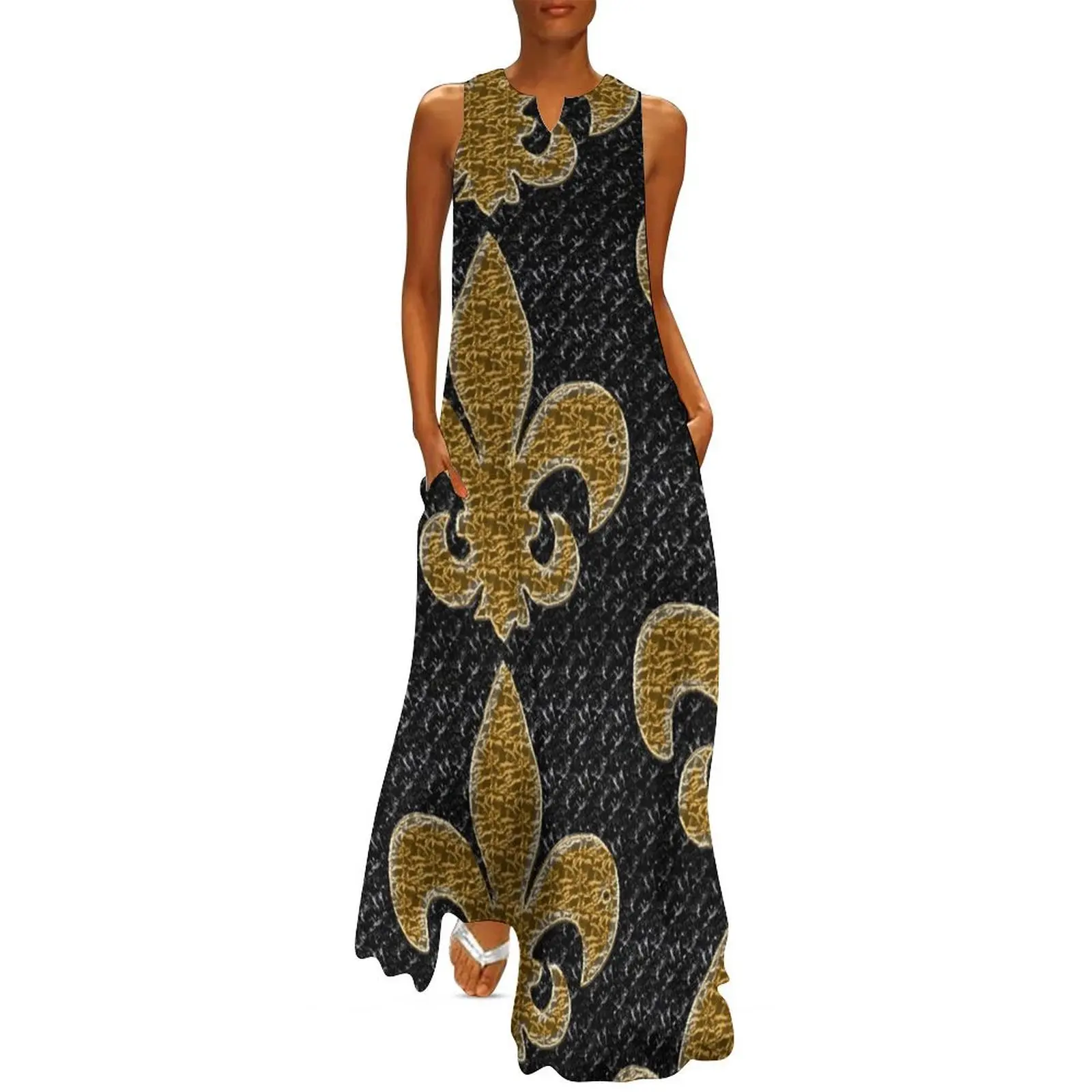 

Black and Gold Fleur De Lis Long Dress fairy dress luxury woman party dress