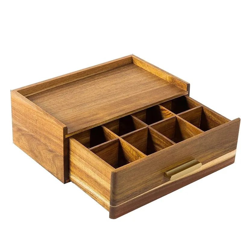

8 grid acacia wood tea box tea bag organizer countertop tea station storage drawer