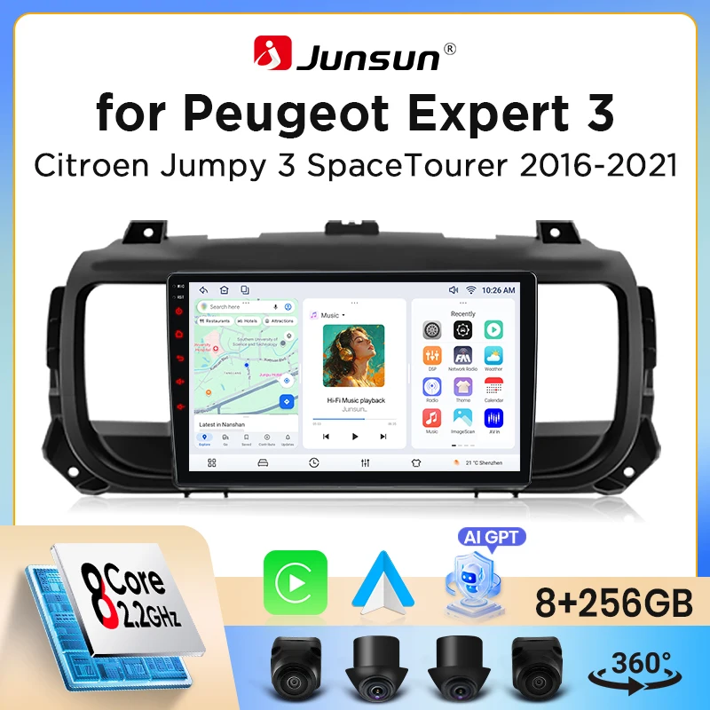 Autoradio Junsun sans fil CarPlay Android Auto pour Peugeot Expert / Citroen Jumpy Mk3 / SpaceTourer / Toyota Proace Mk2 2016-2021 avec ventilateur de refroidissement intégré, navigation GPS Android,